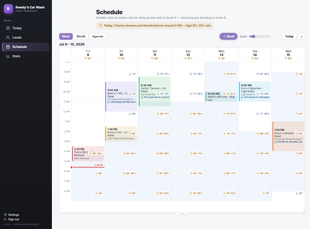 Snagly weekly schedule with weather